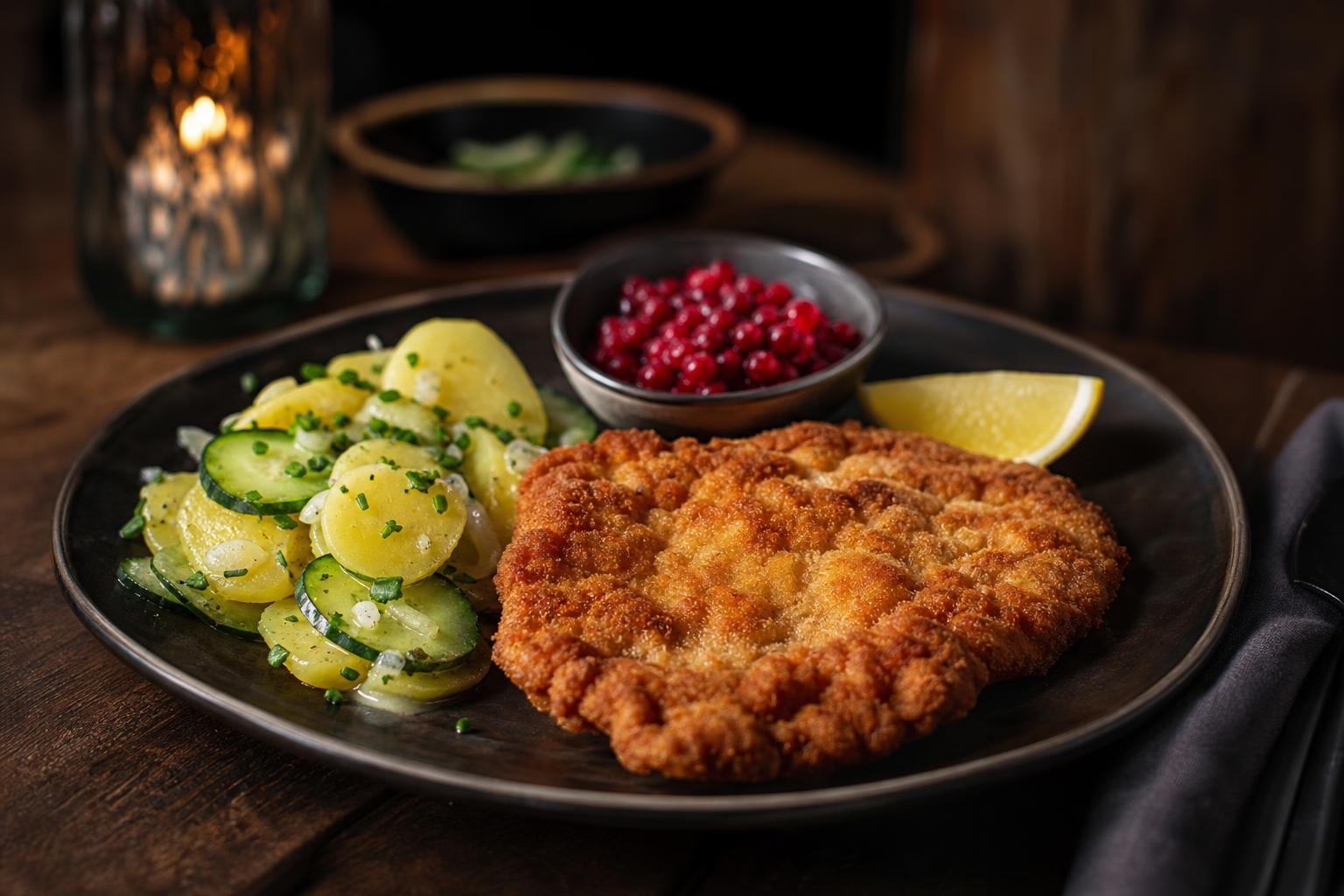 Schnitzel „Wiener Art“ mit Kartoffel-Gurkensalat & Preiselbeeren