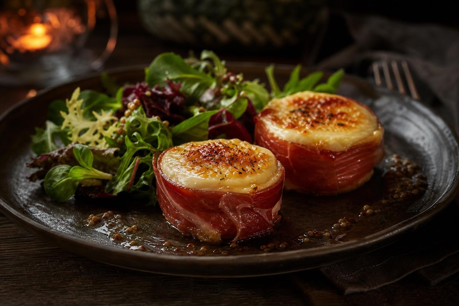 Zwei gratinierte Ziegenkäse im Serranoschinkenmantel   an Salatbukett 