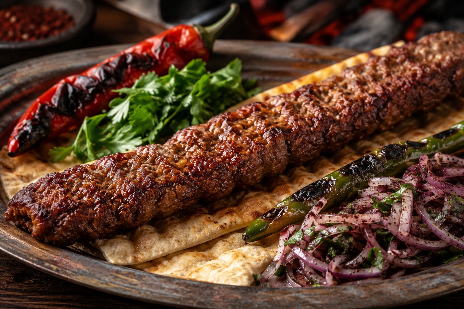 Festlich gedeckter Tisch mit Lagman, Kawap-Spießen und Naan