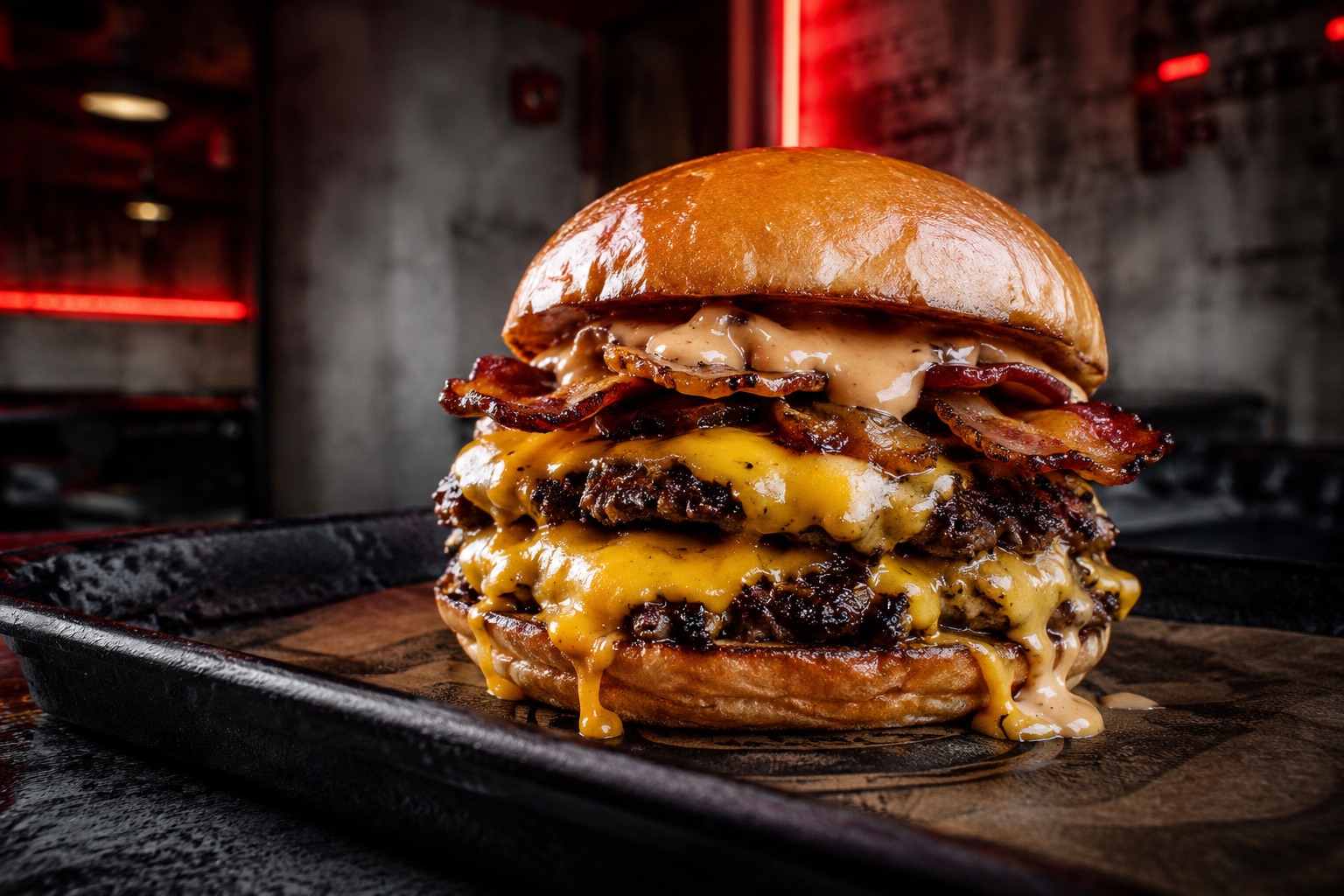 Doppel-Cheeseburger mit Speckstreifen und Sauce auf glänzendem Brötchen auf dunklem Tablett, Restaurantambiente mit rotem Ne…